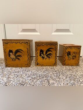 Vintage Woodpecker Wood Ware Set of 3 Canisters Hand-Painted Made in Japan